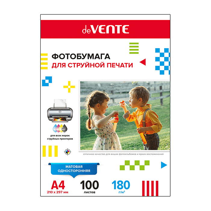 Фотобумага для струйной печати A4, 100 л, 180 г/м², матовая односторонняя