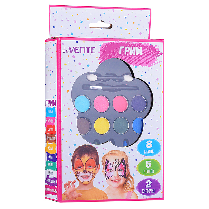 Набор для грима лица и тела 2 кисточки, краски 8 классических цветов, мелки 5 классических