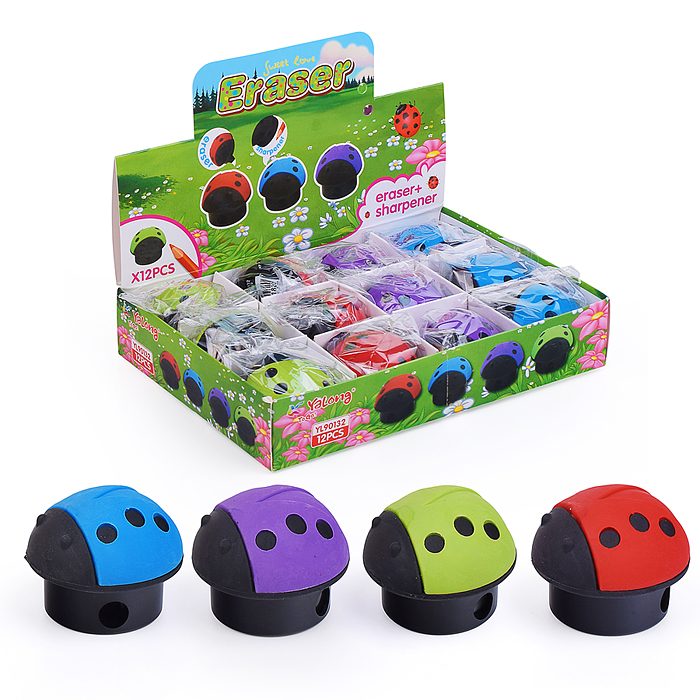 Точилка пластиковая с ластиком "Божья коровка", 1 отверстие, контейнер, ассорти