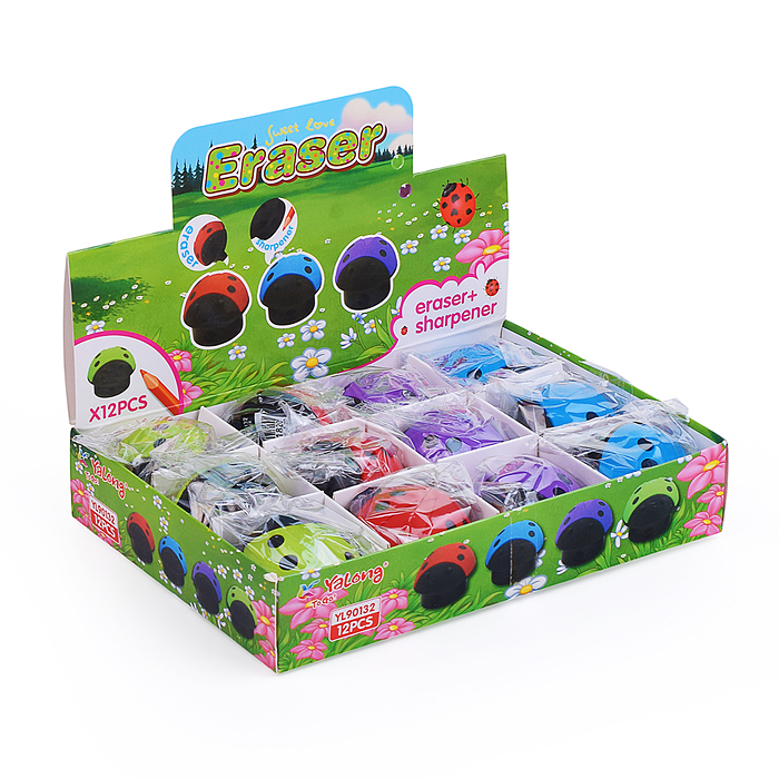 Фото к товару Точилка пластиковая с ластиком "Божья коровка", 1 отверстие, контейнер, ассорти Точилка пластиковая с ластиком "Божья коровка", 1 отверстие, контейнер, ассорти