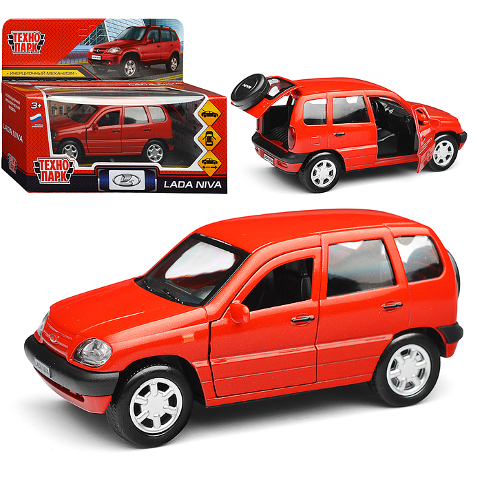 Машина металл Lada Niva 12 см, (двери, багаж, красный)инерц, в коробке
