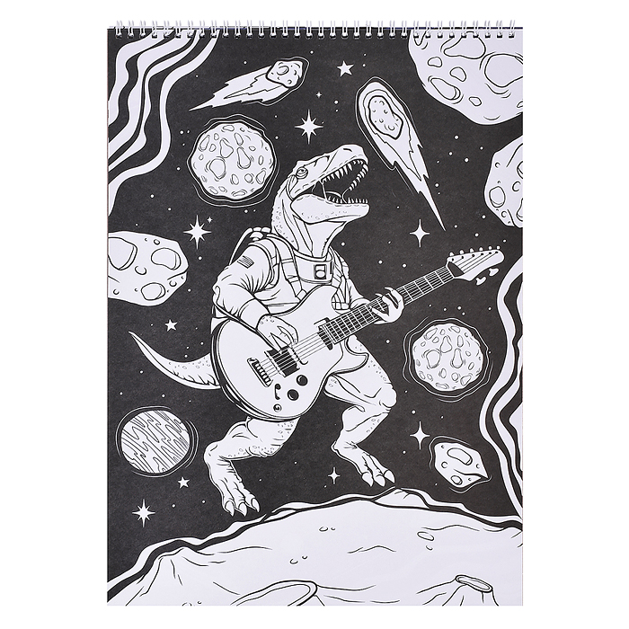 Фото к товару Макси-раскраска на чёрном фоне. Динозавры в космосе. Макси-раскраска на чёрном фоне. Динозавры в космосе.