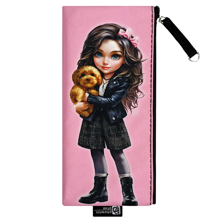 Пенал школьный "Брюнетка с собачкой" (без наполнения, 19.5х9 см, микрофибра на ПВХ-основе)