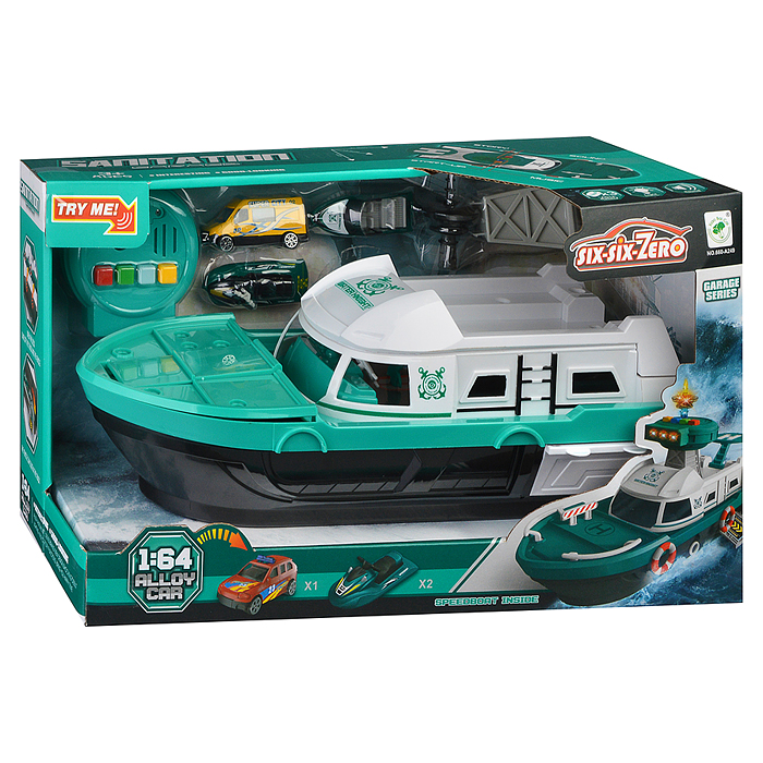 Катер 660-A249 в комплекте с машиной, зеленый, в коробке