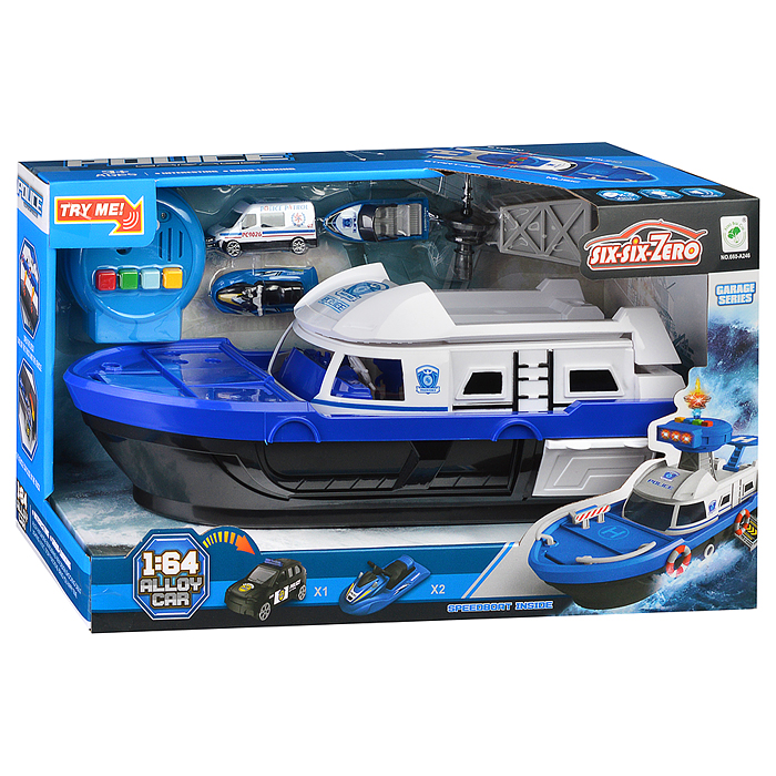 Катер 660-A246 в комплекте с машиной, синий, в коробке