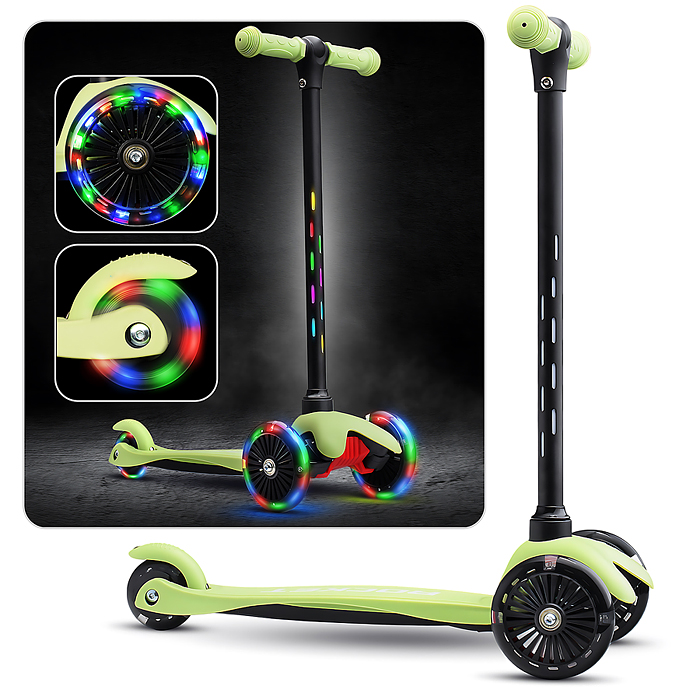 Самокат 3-х колесный ROCKET,колеса PU со светом, светящаяся стойка, ABEC 7, зеленый