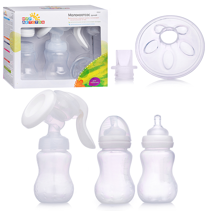 Молокоотсос ручной 4в1 с бутылочкой, запасными массажной накладкой и силиконовым клапаном, белый