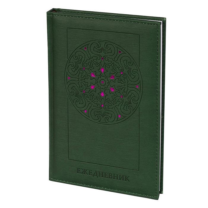 Ежедневник недатированный, А5, 140 л., клетка, "Орнамент", тиснение, ляссе, зеленый
