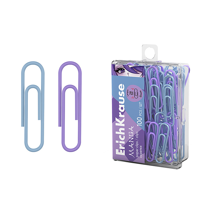 Скрепки металлические с виниловым покрытием Manga, 28мм, ассорти ( в пластиковой коробке