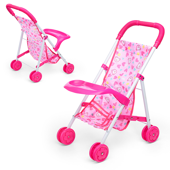 Коляска кукольная CS6819B (металлическая, складная, цвет розовый, с принтом) в пакете