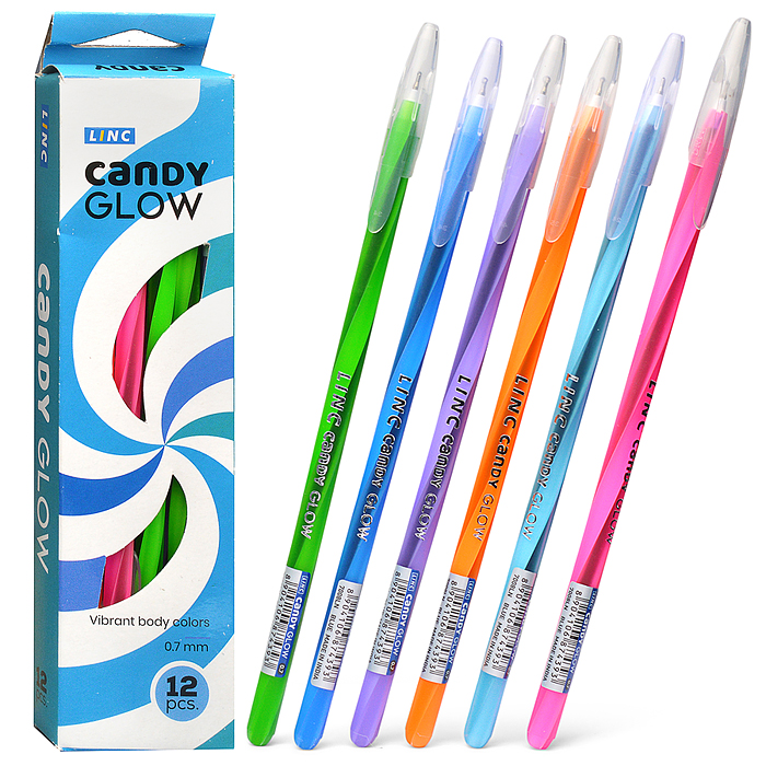 Ручка шарик. Linc Candy Glow синий 0,7 мм ассорти кругл. корп. игольчатый наконечник
