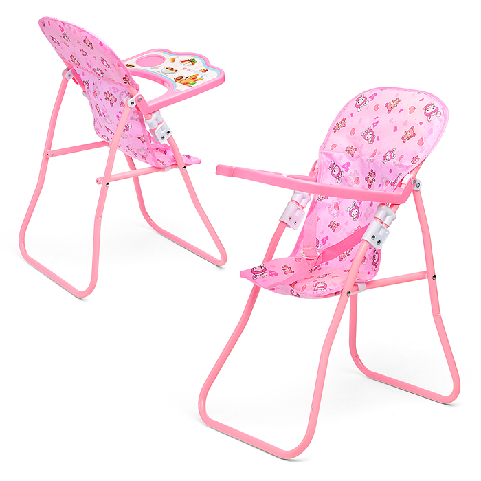 Кукольный стульчик для кормления 828 (металлический, складной, цвет розовый, с принтом) в пакете