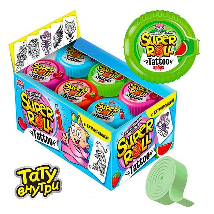 Жевательная резинка "Супер ролл" с тату ассорти 12г (24шт)