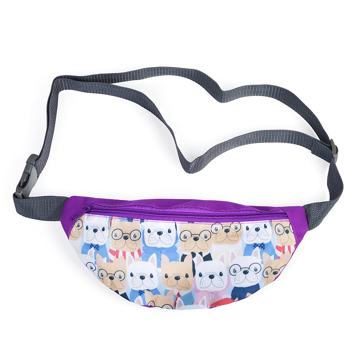 Сумка на пояс фиолетовая Собаки, длина пояса до 113 см, длина изделия 28,5см