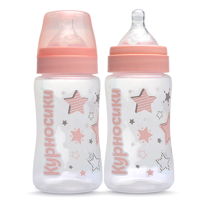 Бутылочка широкое горло с силиконовой соской без ручек "Звезды" розовый, 250 мл
