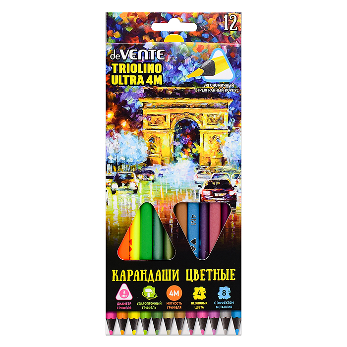 Карандаши цветные "Triolino Ultra 4М. Neon-metallic" 12 цветов (4 неон + 8 металлик) для ри