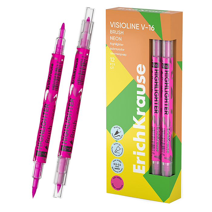 Двухсторонний текстмаркер Visioline V-16 Brush Neon, цвет чернил розовый