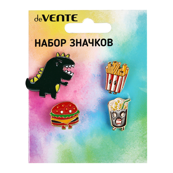 Фото к товару Набор значков "Monster" эмалированные, размер изделий: динозавр 3x3 см, картофель фри 1,5x2 Набор значков "Monster" эмалированные, размер изделий: динозавр 3x3 см, картофель фри 1,5x2