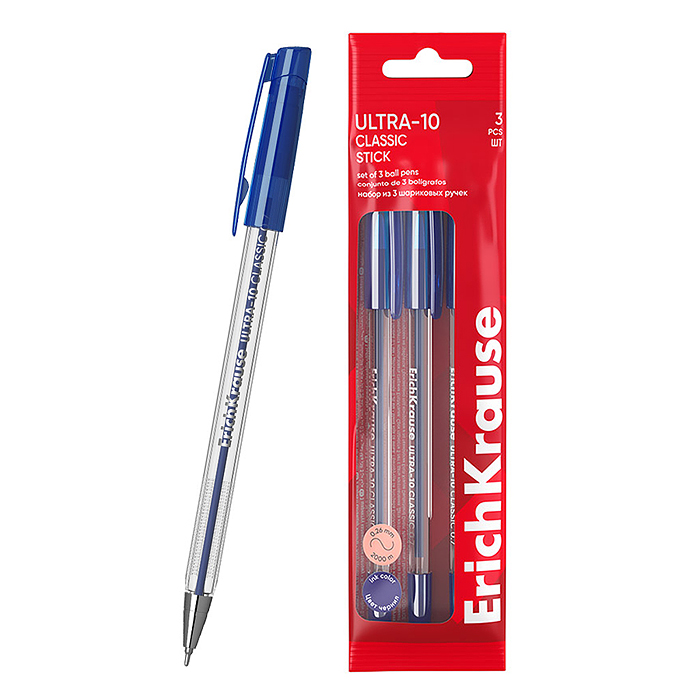 Набор из 3 ручек шариковых ULTRA-10 Stick Classic 0.7, Super Glide Technology, цвет синий