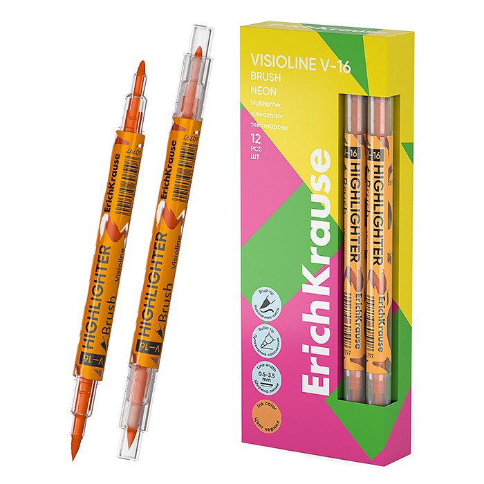 Двухсторонний текстмаркер Visioline V-16 Brush Neon, цвет чернил оранжевый 