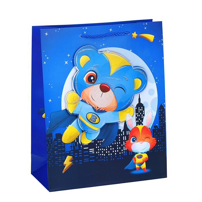 Пакет подарочный мат.лам,глиттер,3Dэл. 26*32*10 см(L), Мишка герой, 210г Пакет подарочный мат.лам,глиттер,3Dэл. 26*32*10 см(L), Мишка герой, 210г