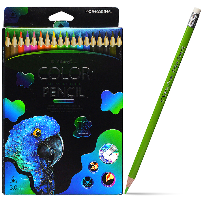 Карандаши цветные с ластиком 18 цв., "Неоновые животные", деревянные, трехгранные, заточенны