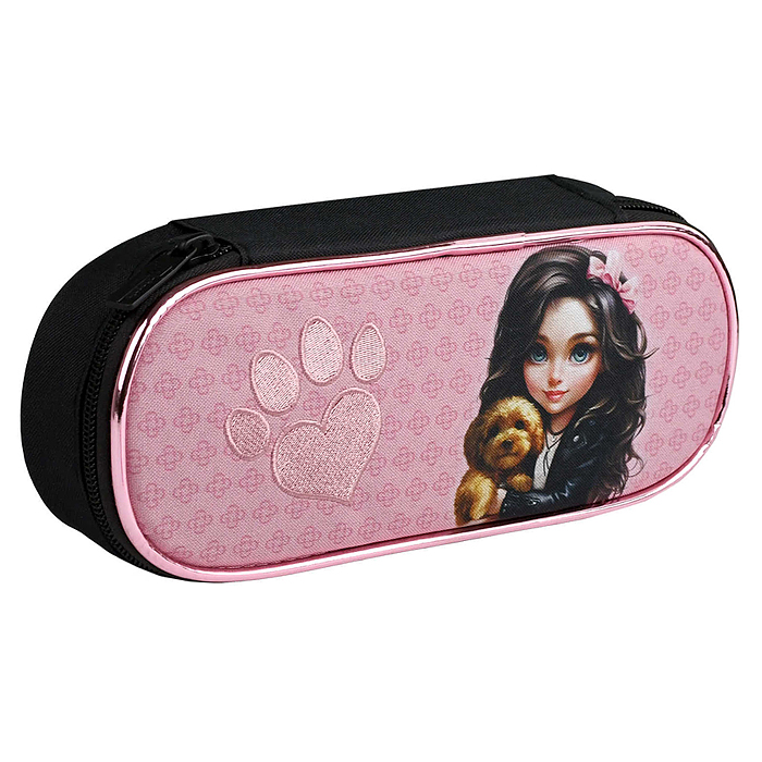 Пенал школьный "Брюнетка с собачкой" (без наполнения, 22х8.5х4.7 см, полиэстер, молния)