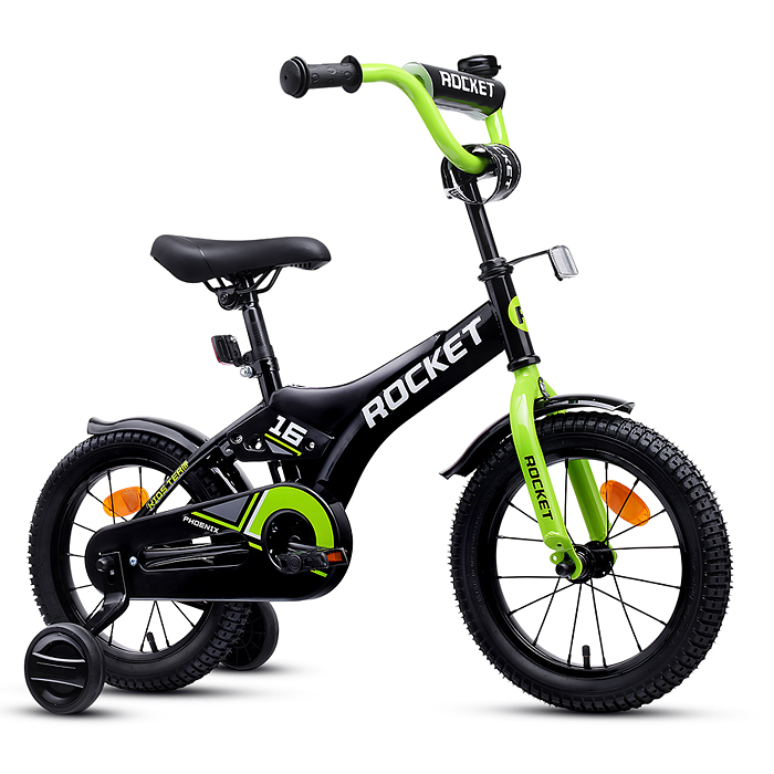 Фото к товару Велосипед 16" Rocket Phoenix, цвет черно/зеленый Велосипед 16" Rocket Phoenix, цвет черно/зеленый