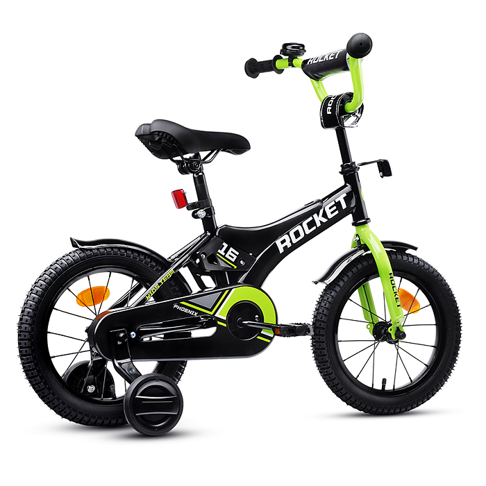 Фото к товару Велосипед 16" Rocket Phoenix, цвет черно/зеленый Велосипед 16" Rocket Phoenix, цвет черно/зеленый