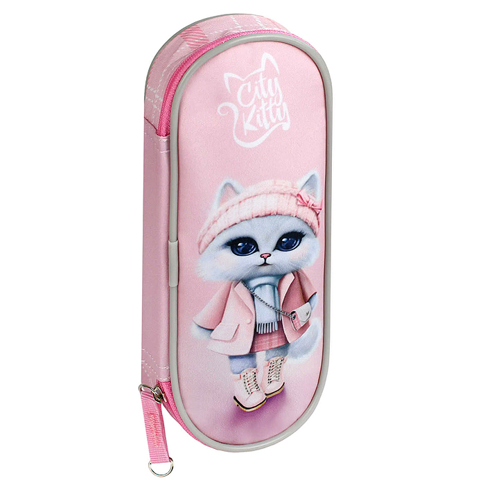 Пенал школьный "Кошечка в пальто" (без наполнения, 20.5х7.5х4 см, микрофибра на