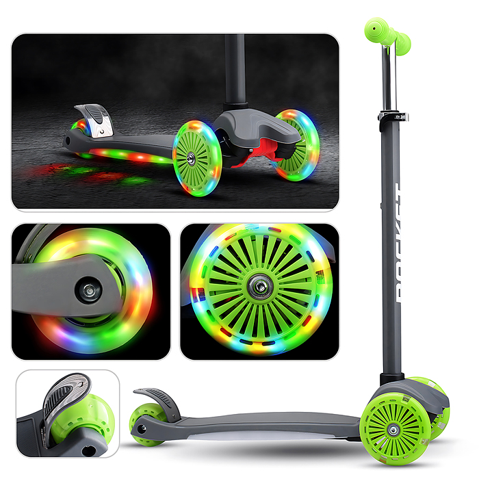 Самокат 3-х колесный ROCKET,колеса PU со светом, ABEC 7, серый в пакете