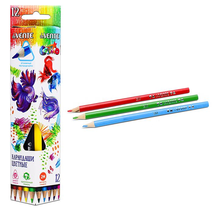 Карандаши цветные "Trio" 2М, диаметр грифеля 2,8 мм, трехгранные, 12 цветов в трехгранной 