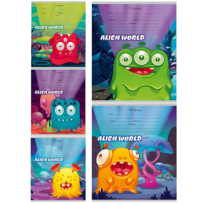 Тетрадь 12л. линия "Милые монстрики-1" цвет. мелов. обл., 5 дизайнов в спайке