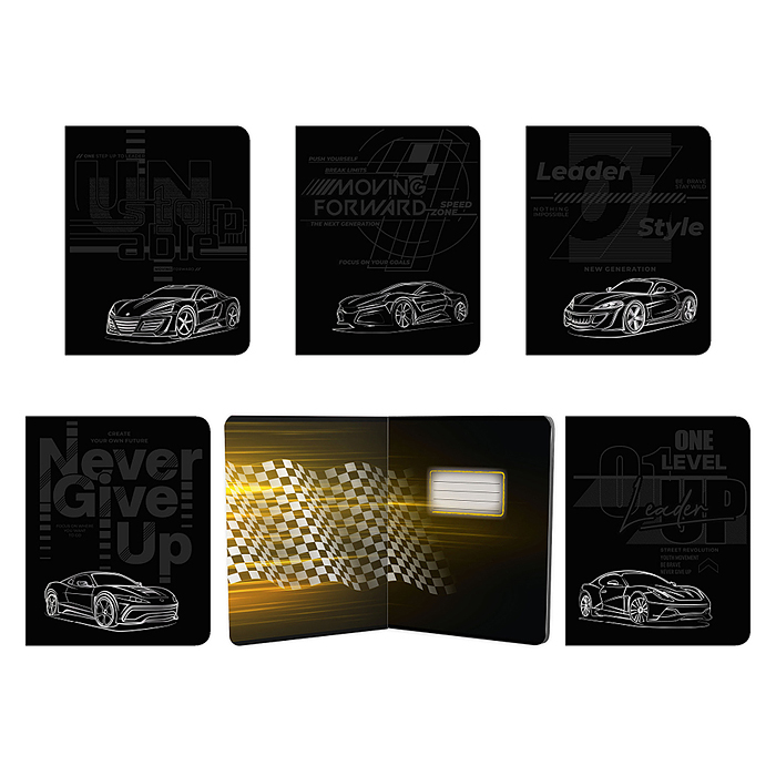 Тетрадь 48л клетка "Старт Старт" черная софт-тач ламинация, выб УФ, тиснение фольгой Тетрадь 48л клетка "Старт Старт" черная софт-тач ламинация, выб УФ, тиснение фольгой