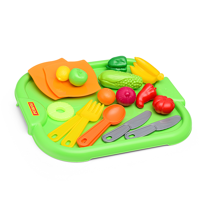 Набор детской посуды с зелёным подносом и набором продуктов (18 элементов) (в сеточке)