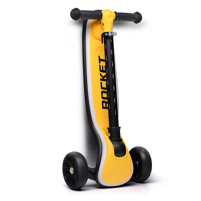 Фото к товару Самокат трёхколёсный R0200 ROCKET светящиеся колеса PU, дека, рулевая стойка, цвет жёлто-чёрный Самокат трёхколёсный R0200 ROCKET светящиеся колеса PU, дека, рулевая стойка, цвет жёлто-чёрный