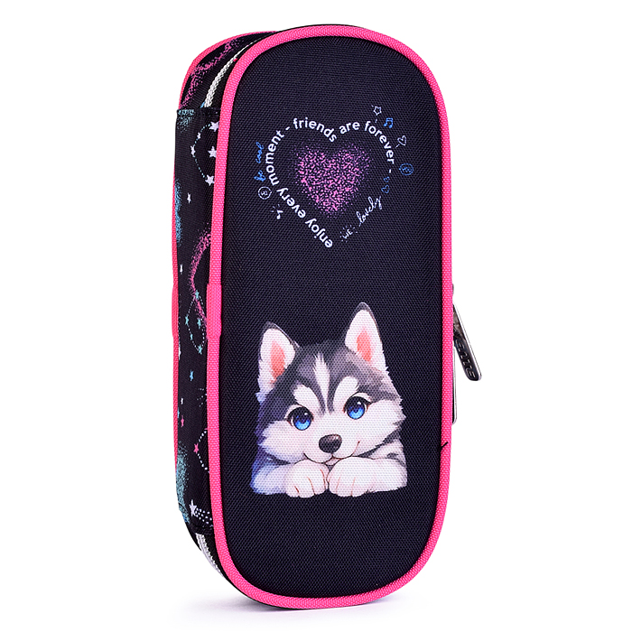 Пенал "Cute Husky" 21x8x5 см, овальный для 50 предметов, с внутренним органайзером-створкой