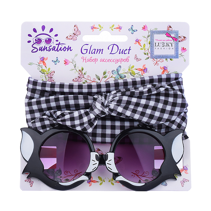 Солнцезащитные очки для детей и повязка для волос "Милая Кошечка" цв. чёрный, карта, пакет Солнцезащитные очки для детей и повязка для волос "Милая Кошечка" цв. чёрный, карта, пакет