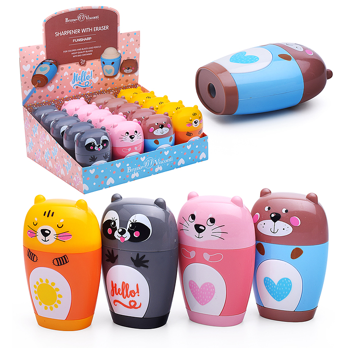 Точилка с контейнером и ластиком, 1 отверстие "Зверушки" (4 вида)