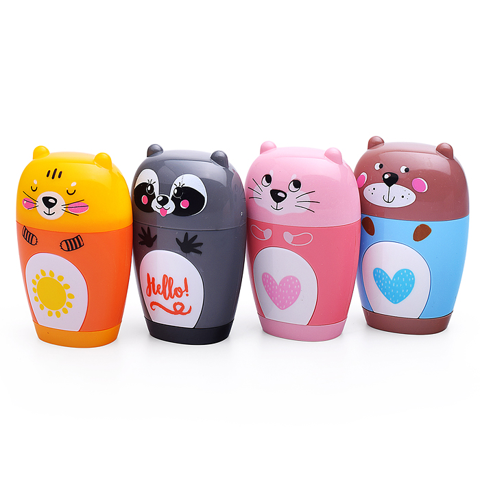 Фото к товару Точилка с контейнером и ластиком, 1 отверстие "Зверушки" (4 вида) Точилка с контейнером и ластиком, 1 отверстие "Зверушки" (4 вида)