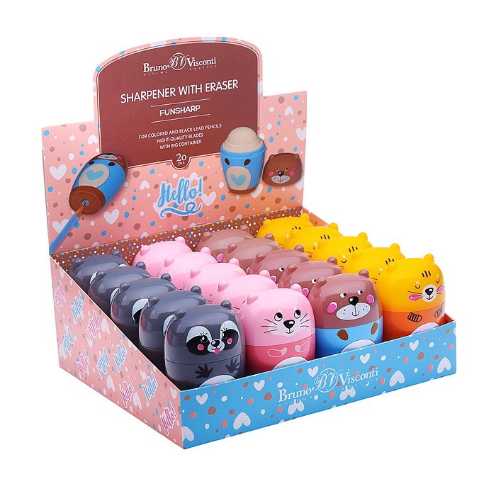 Фото к товару Точилка с контейнером и ластиком, 1 отверстие "Зверушки" (4 вида) Точилка с контейнером и ластиком, 1 отверстие "Зверушки" (4 вида)