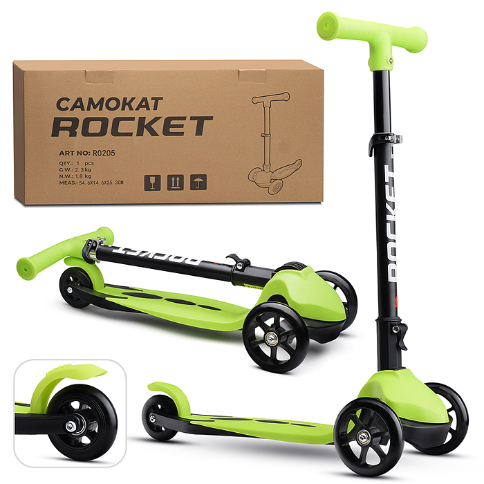 Самокат трёхколёсный R0205 ROCKET колёса PU, цвет салатовый Самокат трёхколёсный R0205 ROCKET колёса PU, цвет салатовый