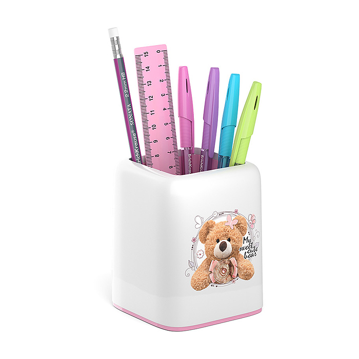 Набор настольный пластиковый Forte, Teddy Bear, белый с розовой вставкой