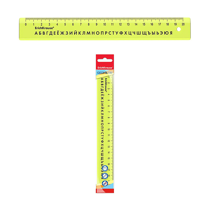 Линейка с русским алфавитом пластиковая Neon, 20см, желтая, во флоупаке