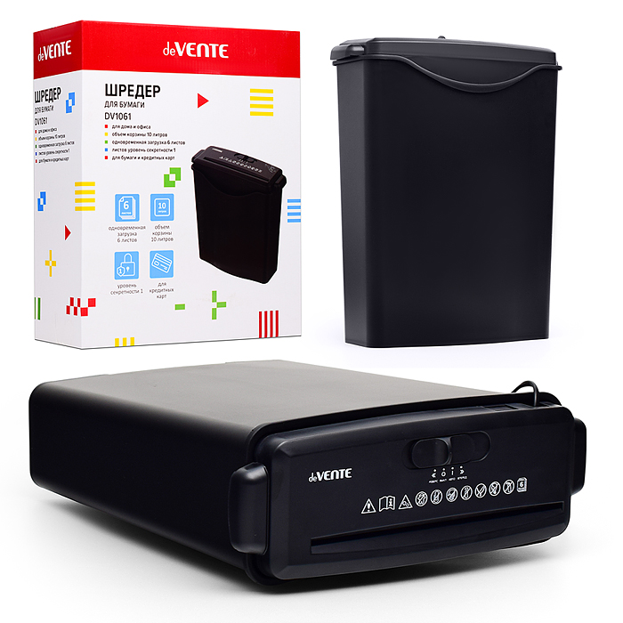 Шредер для бумаги DV1061 308x130x371 мм, 10 литров, вес 1,5 кг, одновременная загузка 6 ли