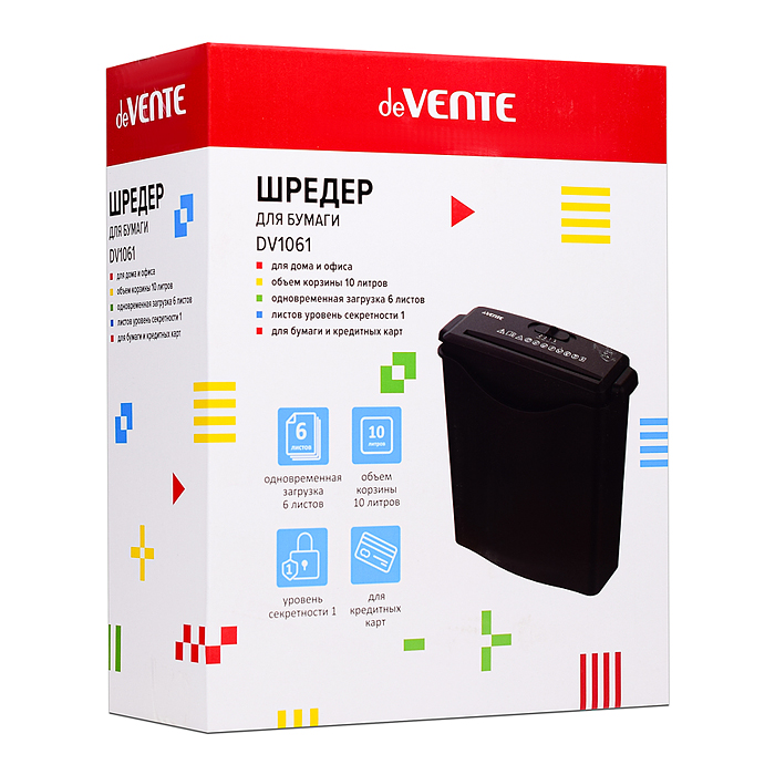 Фото к товару Шредер для бумаги DV1061 308x130x371 мм, 10 литров, вес 1,5 кг, одновременная загузка 6 ли Шредер для бумаги DV1061 308x130x371 мм, 10 литров, вес 1,5 кг, одновременная загузка 6 ли