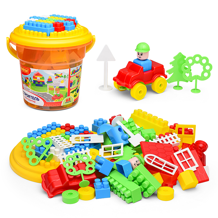 Конструктор "Строитель" (68 элементов) (в ведре оранжевом "Макси" с крышкой) Конструктор "Строитель" (68 элементов) (в ведре оранжевом "Макси" с крышкой)