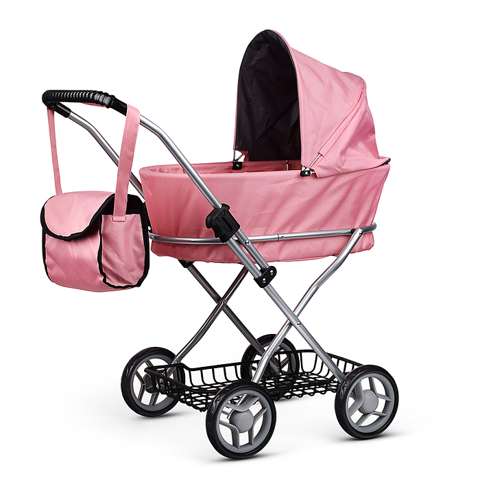 Коляска для кукол 9325B металлическая, складная, прогулочная с капюшоном и корзиной, цвет розовый