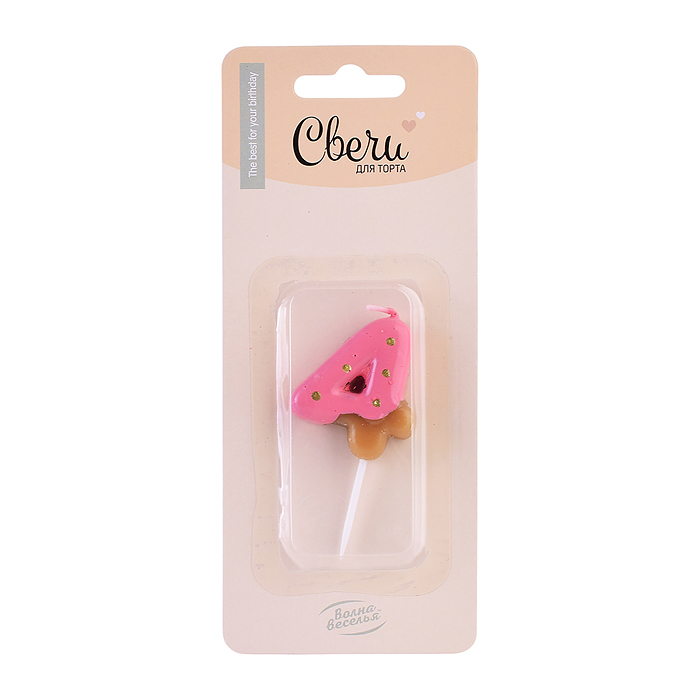 Свеча Цифра, 4 Пончик, Клубничная глазурь, 2,5*4 + 3 см, 1 шт. с держат.