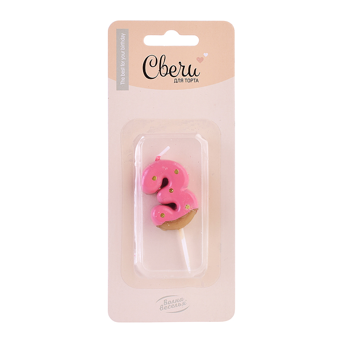 Свеча Цифра, 3 Пончик, Клубничная глазурь, 2,5*4 + 3 см, 1 шт. с держат.
